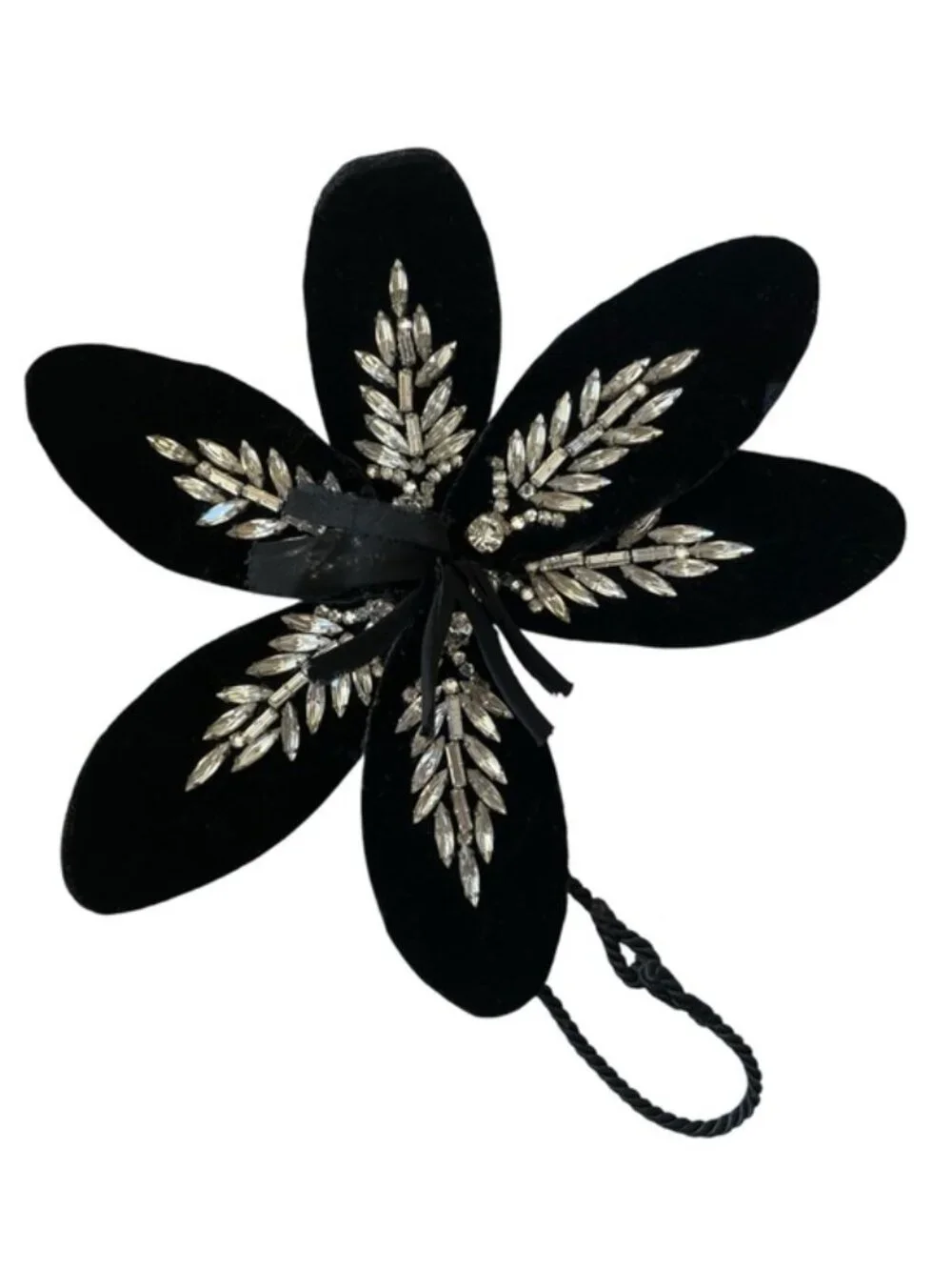 Vintage Black Velvet Rhinestone Flower Clip Brooch Ornament Gothic Glam